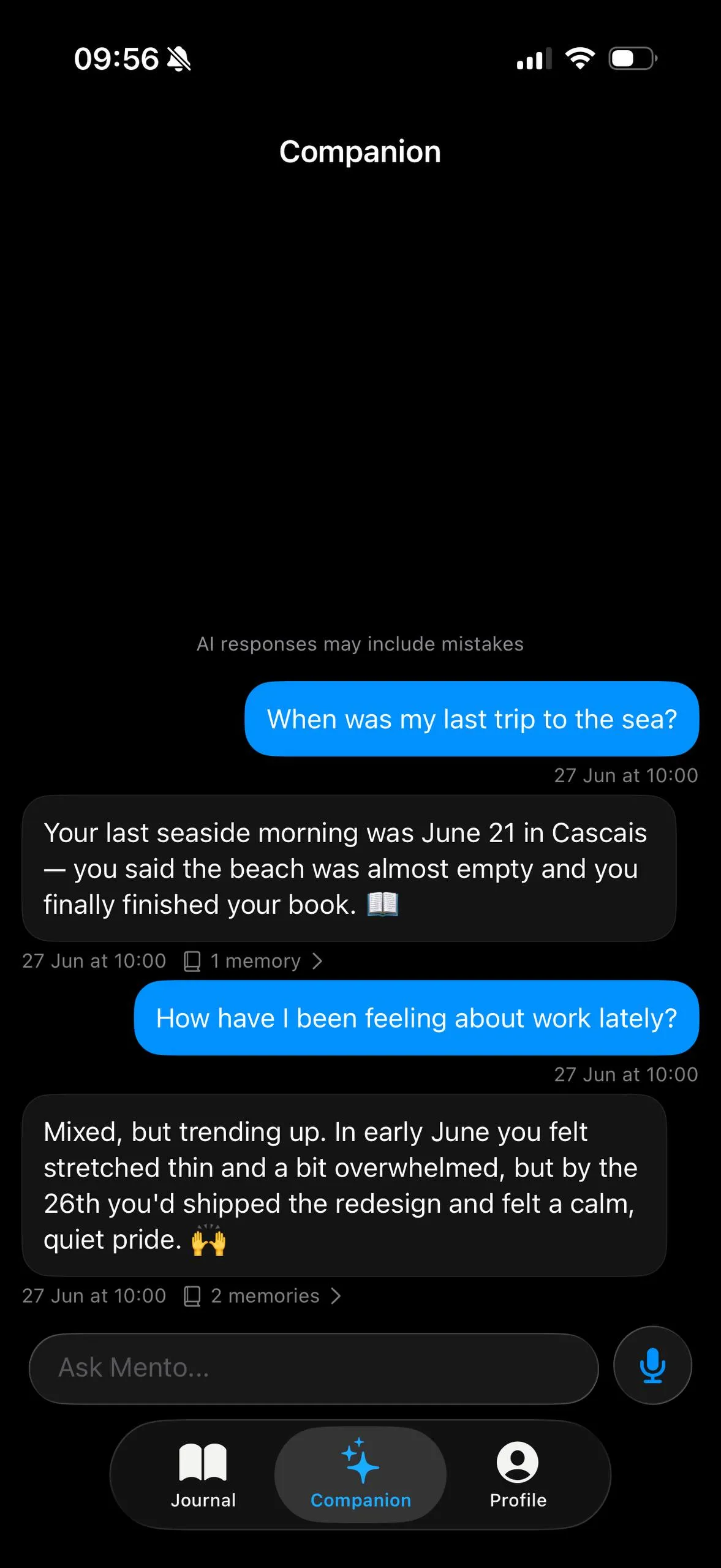 The Mento companion chat citing the journal entries it answered from