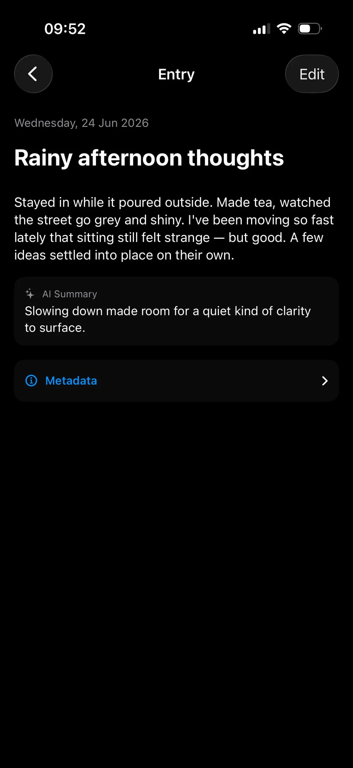 A Mento journal entry with its AI-generated summary