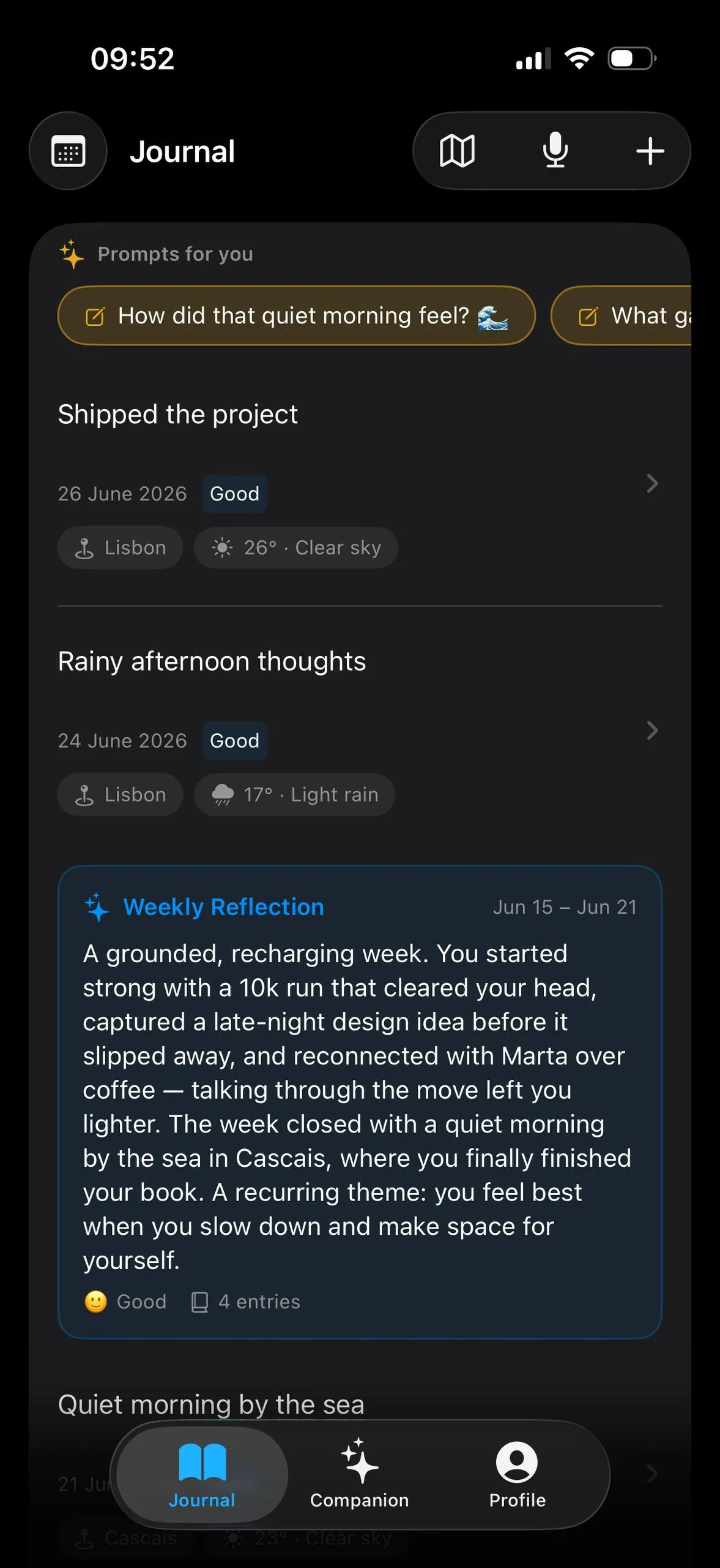 Mento journal feed showing daily prompts and a weekly reflection